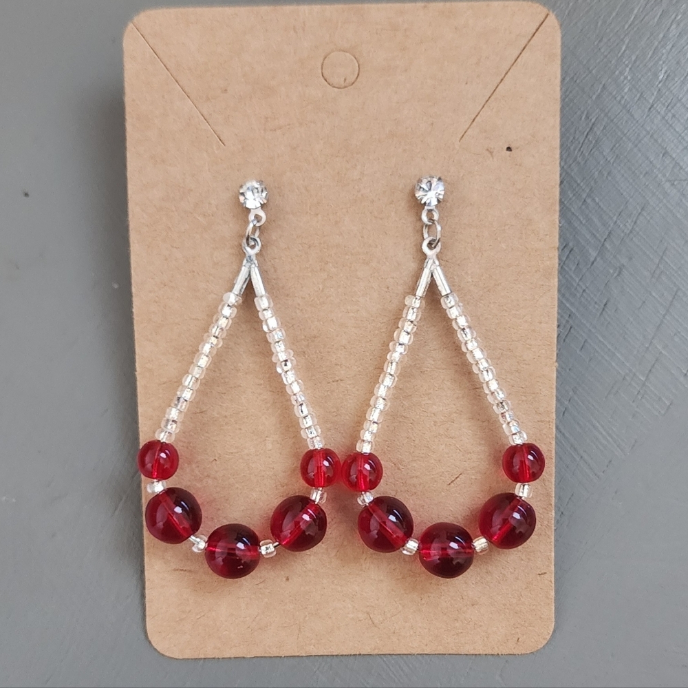 Red And Silver Beaded Dangle Earrings